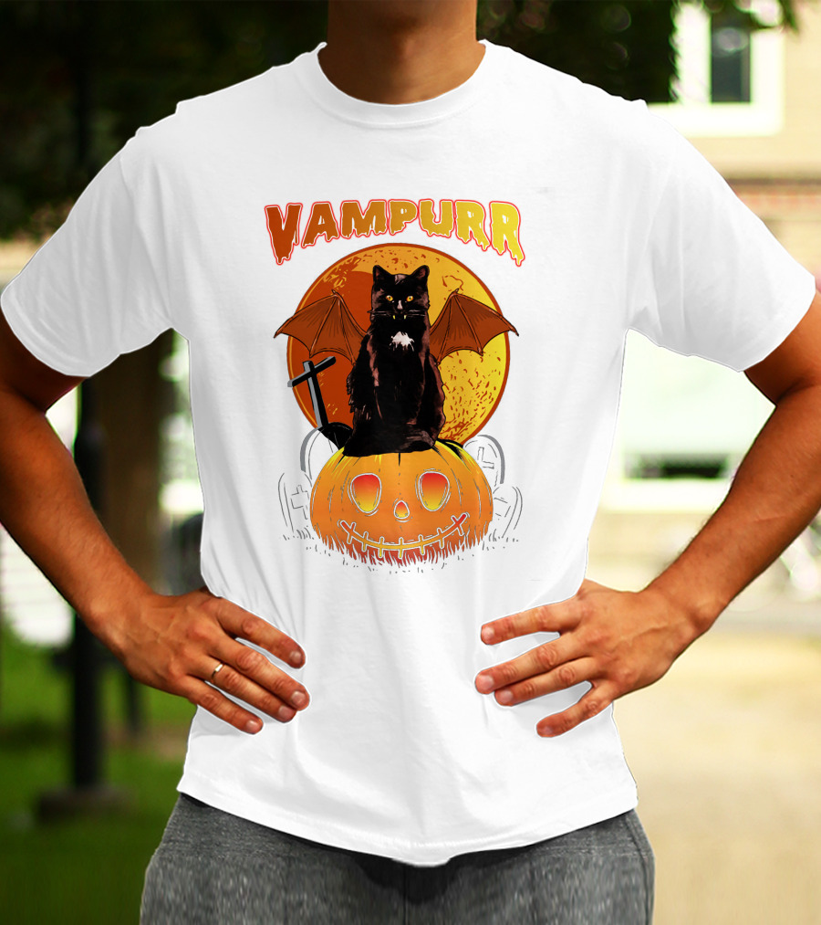 Vampurr Black Cat With Bat Wings And Pumpkin Halloween T-Shirt