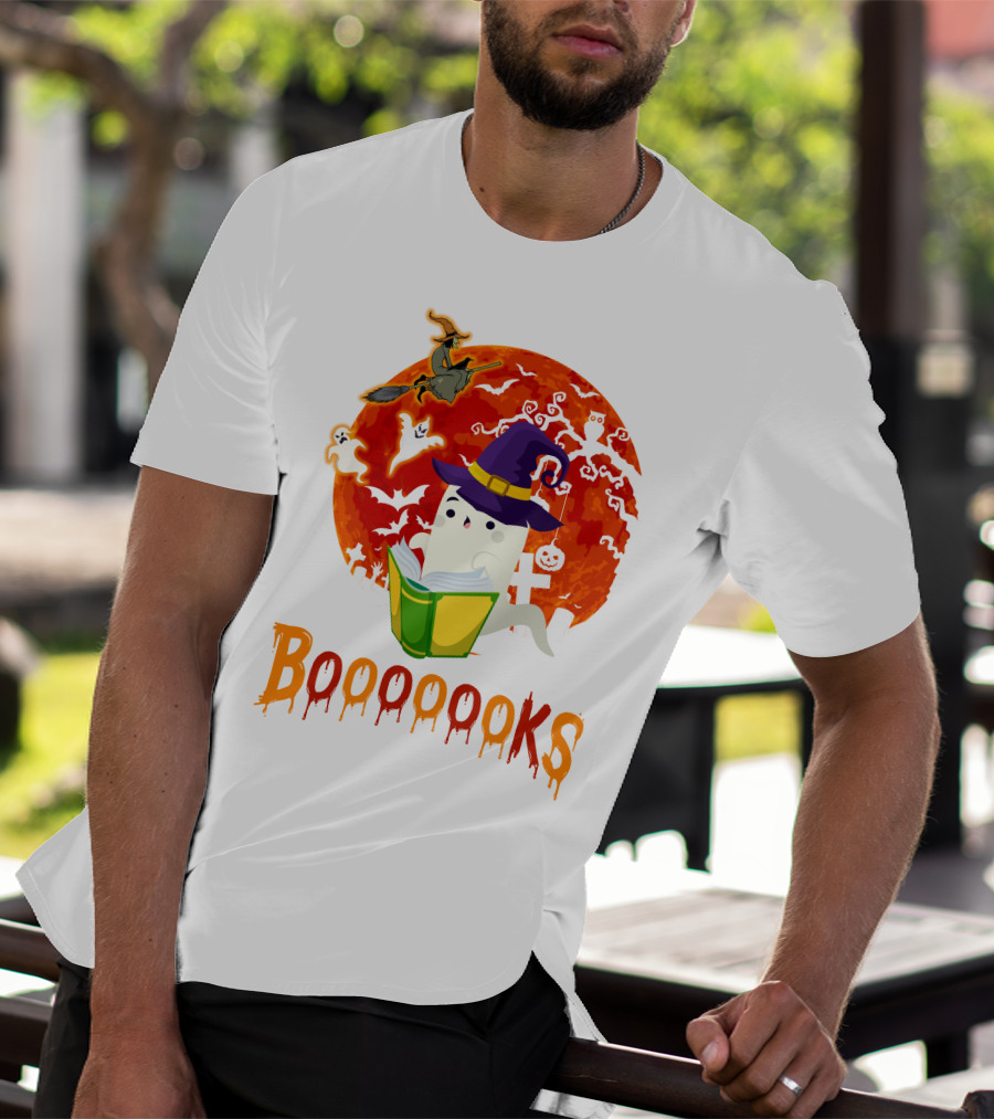 BOOOOOOKS Ghost Reading Witch Hat Halloween Scene T-Shirt