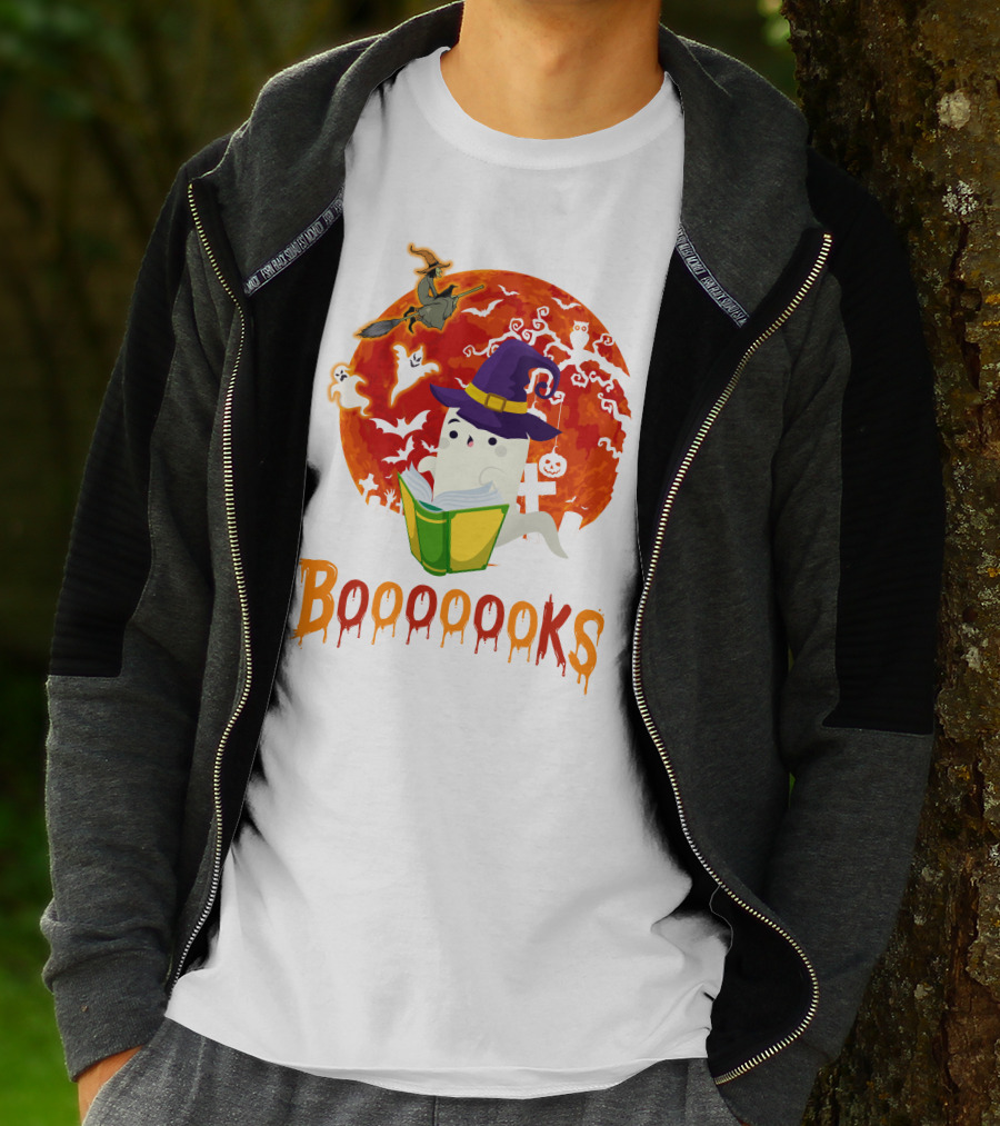 BOOOOOOKS Ghost Reading Witch Hat Halloween Scene T-Shirt