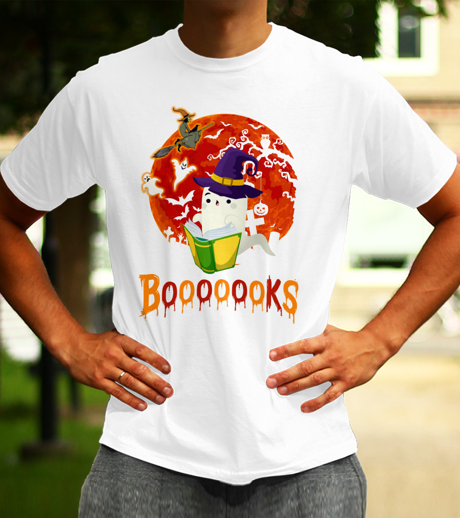 BOOOOOOKS Ghost Reading Witch Hat Halloween Scene T-Shirt