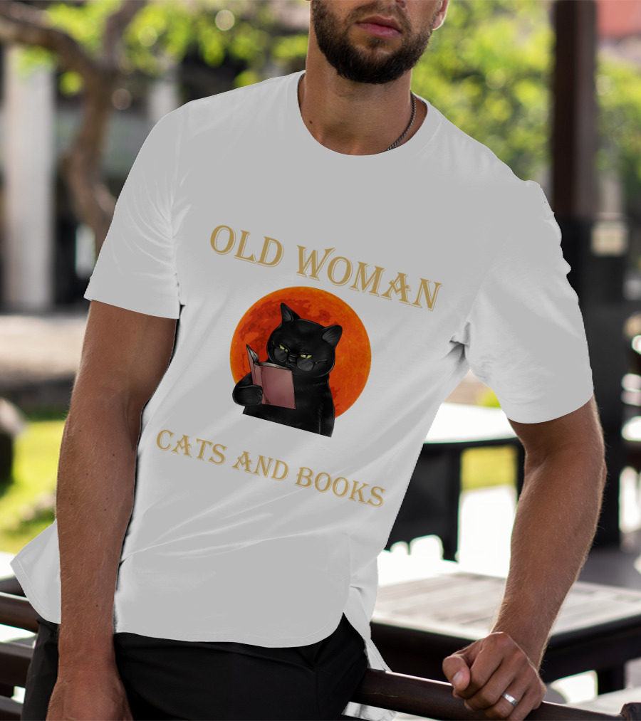 Old Woman Cats And Books Black Cat Reading Orange Moon T-Shirt