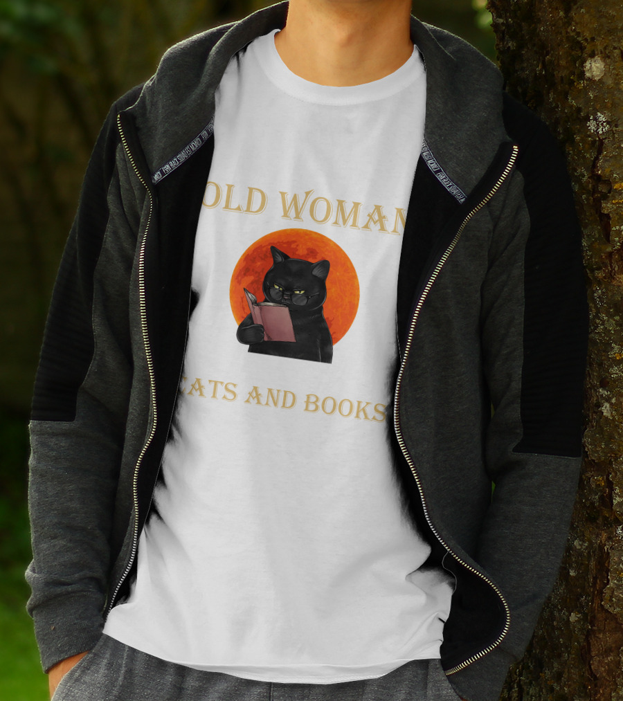 Old Woman Cats And Books Black Cat Reading Orange Moon T-Shirt