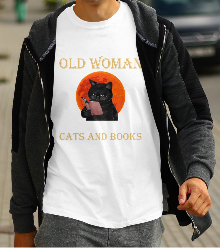 Old Woman Cats And Books Black Cat Reading Orange Moon T-Shirt