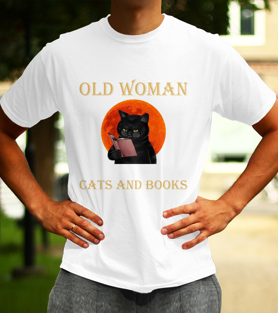 Old Woman Cats And Books Black Cat Reading Orange Moon T-Shirt