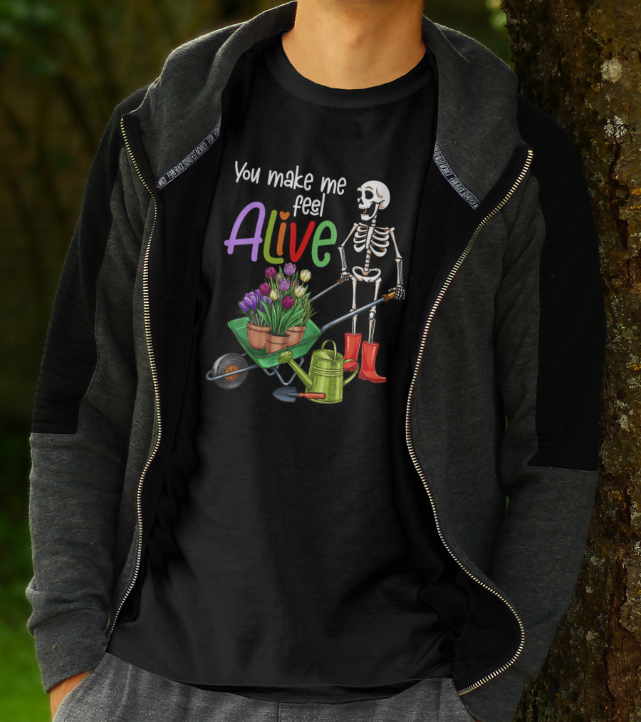 Alive Gardening Farmer Skeleton With Tulips And Watering Can T-Shirt