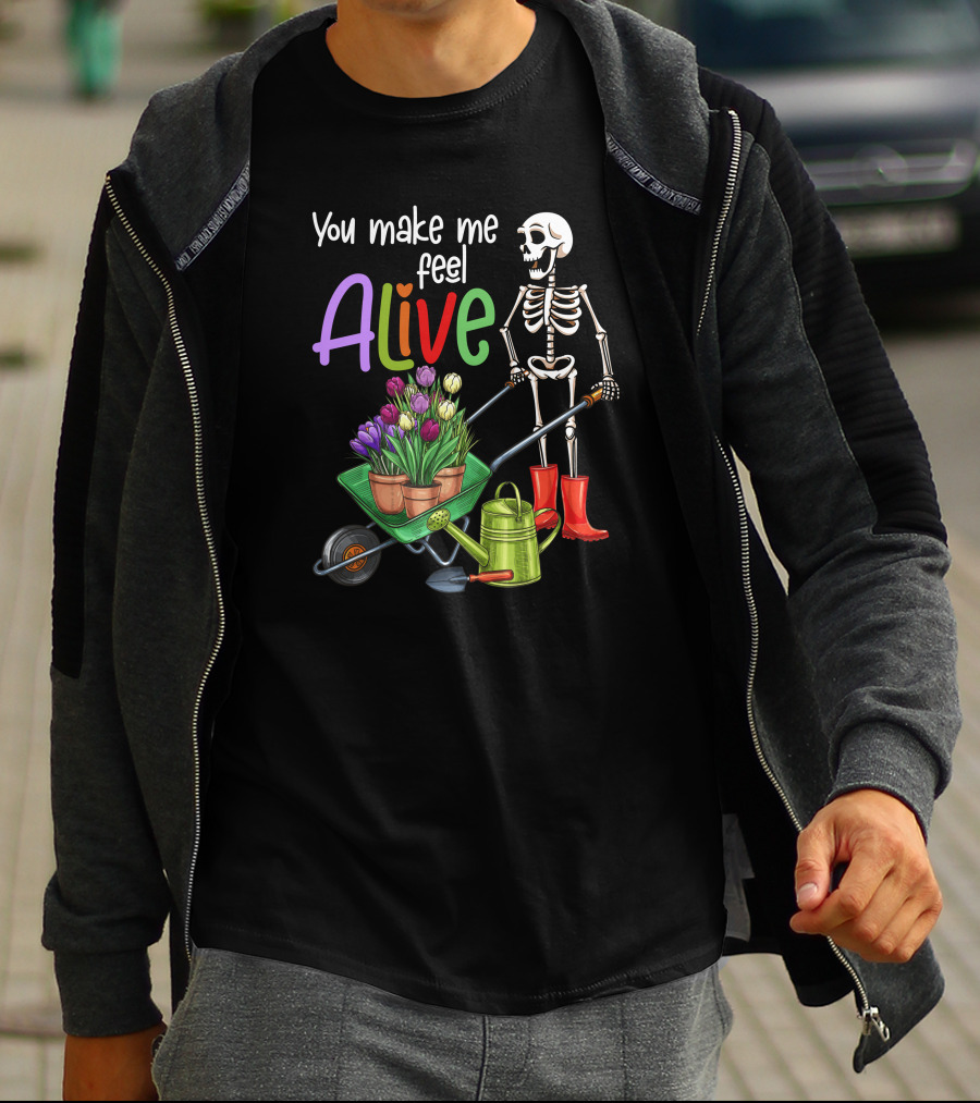 Alive Gardening Farmer Skeleton With Tulips And Watering Can T-Shirt