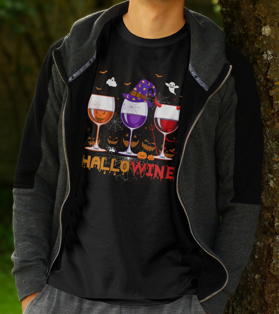 Haloween Hallowine Witch Hat Devil Horns Jack-O'-Lanterns Wine Glasses T-Shirt