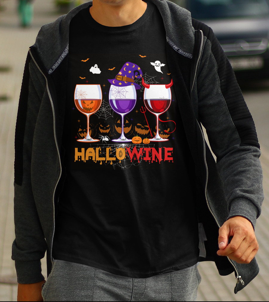 Haloween Hallowine Witch Hat Devil Horns Jack-O'-Lanterns Wine Glasses T-Shirt