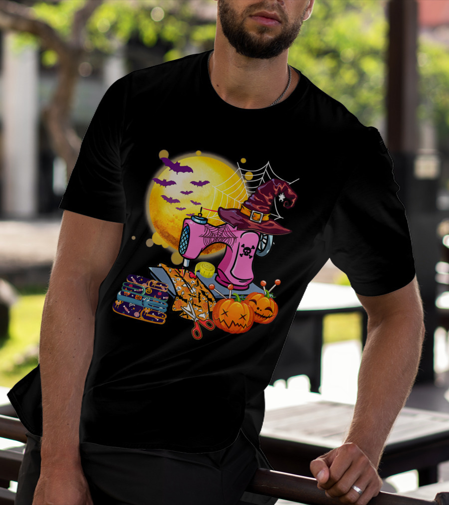 Sewing Machine Witch Hat Halloween Pumpkins Bats Moon T-Shirt