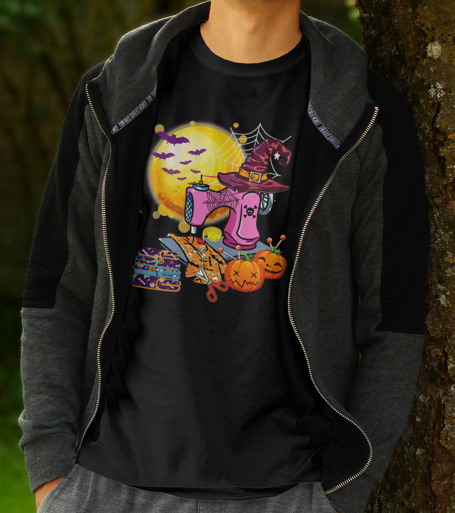 Sewing Machine Witch Hat Halloween Pumpkins Bats Moon T-Shirt
