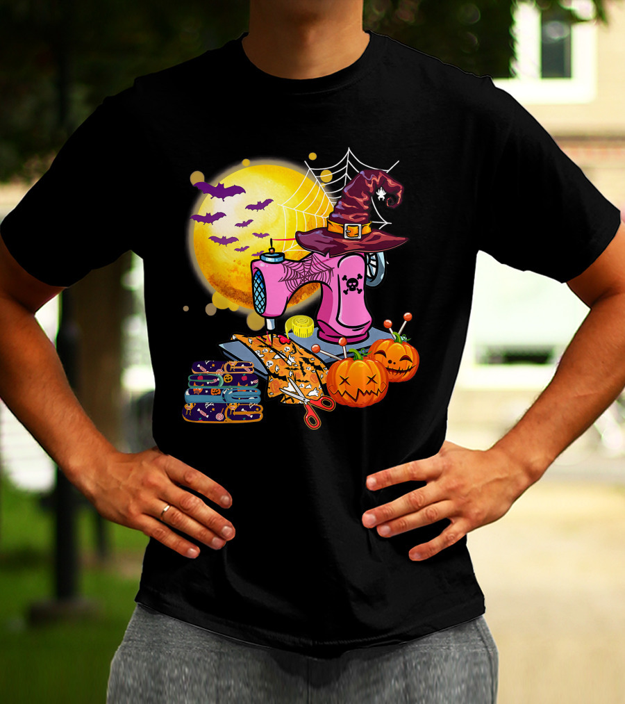 Sewing Machine Witch Hat Halloween Pumpkins Bats Moon T-Shirt