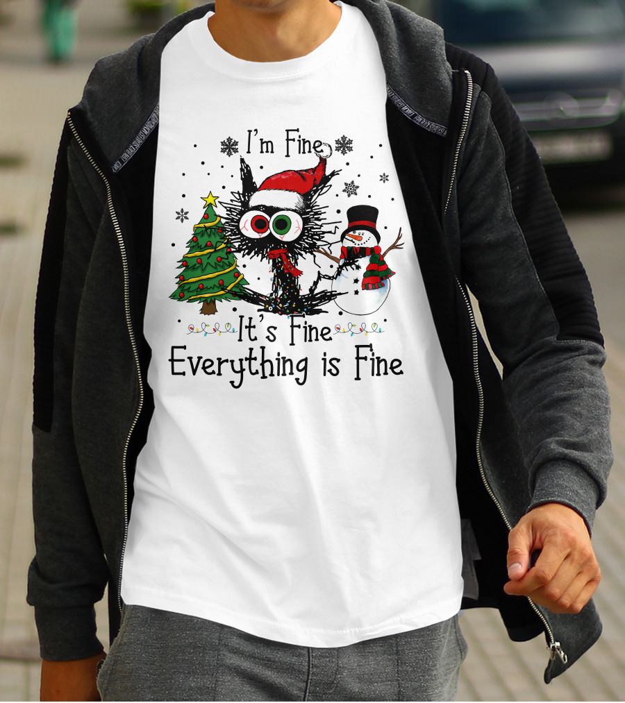 I'm Fine It's Fine Everything Is Fine Cat Christmas T-Shirt