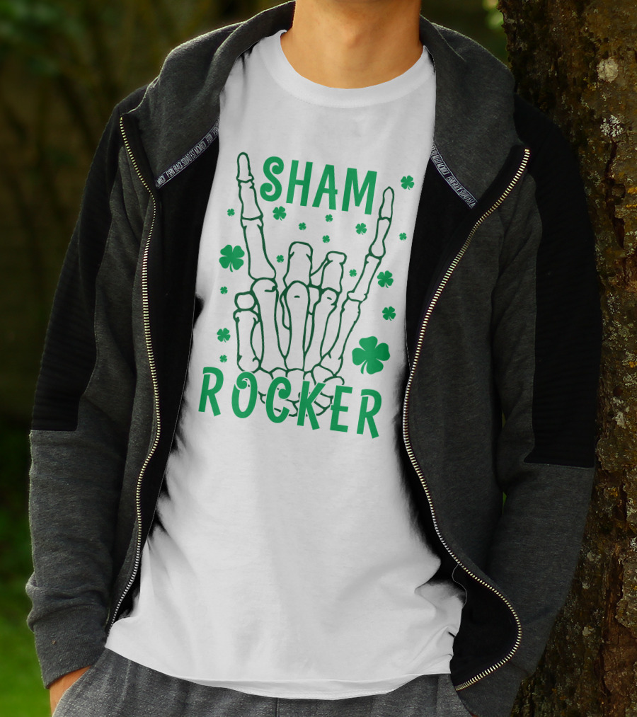 SHAM ROCKER Skeleton Hand With Shamrocks T-Shirt