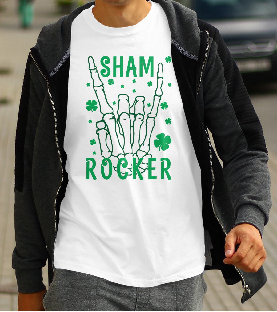 SHAM ROCKER Skeleton Hand With Shamrocks T-Shirt