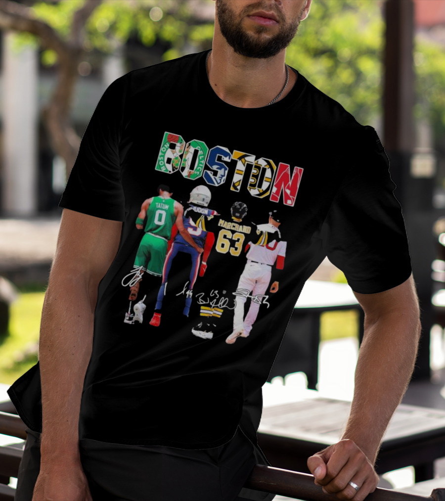 Boston Celtics Patriots Bruins Red Sox Tatum Iddon Marchand Signatures T-Shirt