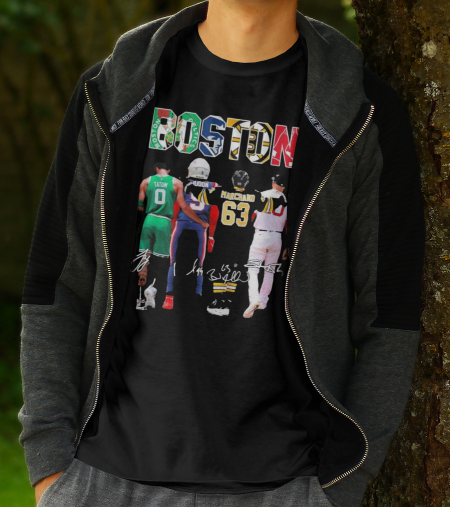 Boston Celtics Patriots Bruins Red Sox Tatum Iddon Marchand Signatures T-Shirt