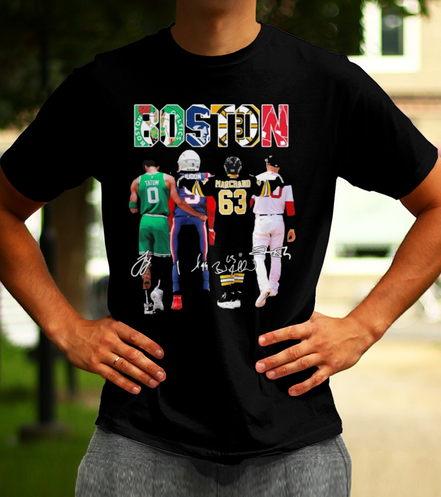 Boston Celtics Patriots Bruins Red Sox Tatum Iddon Marchand Signatures T-Shirt