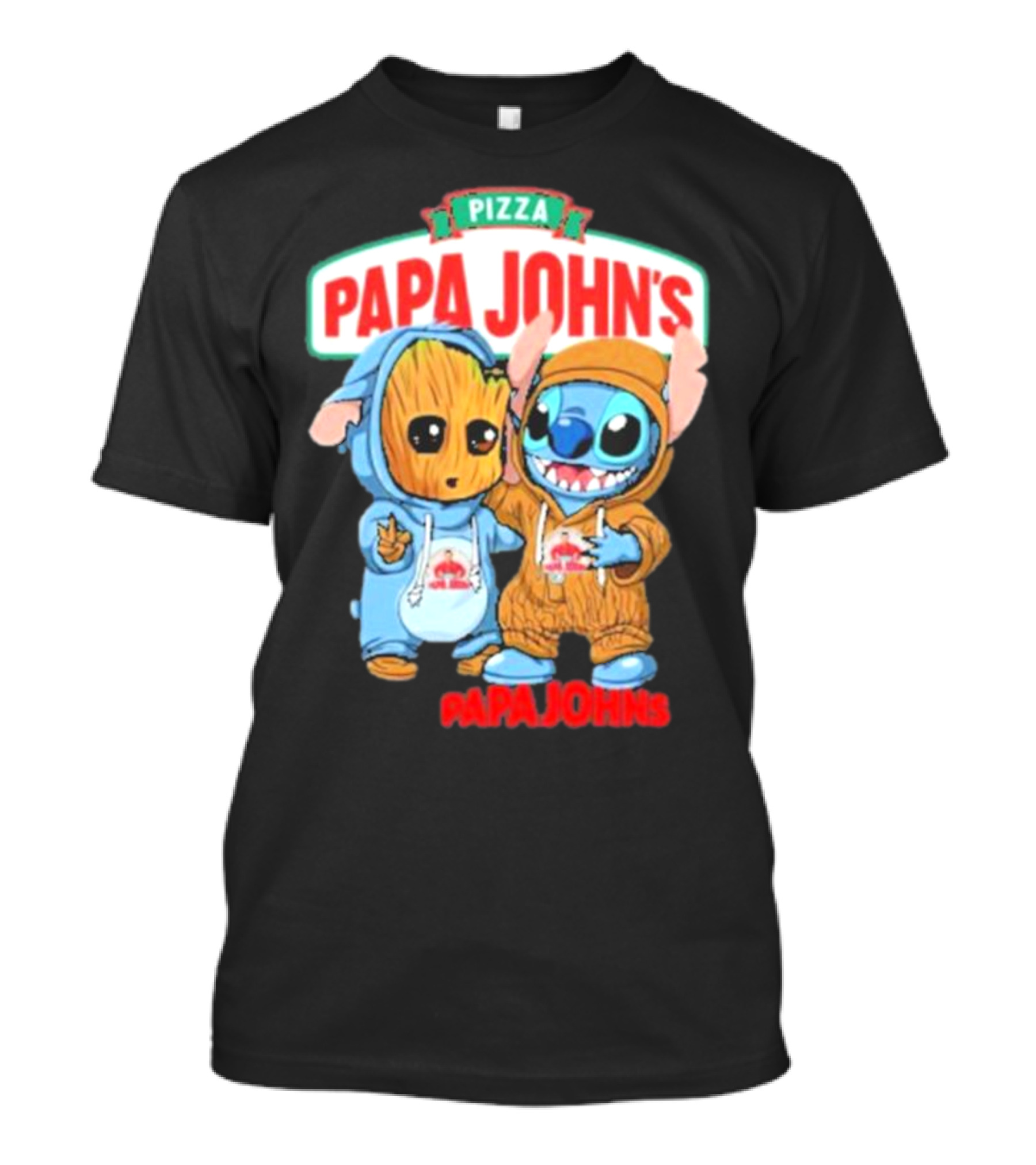 Papa John's Pizza With Groot And Stitch Characters T-Shirt