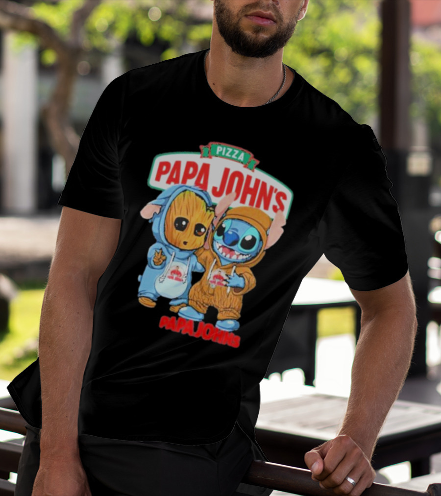 Papa John's Pizza With Groot And Stitch Characters T-Shirt