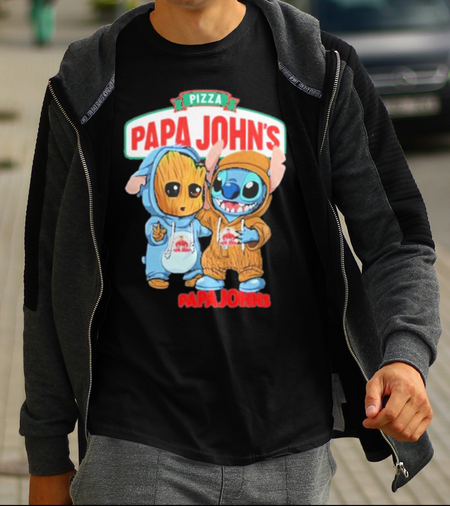 Papa John's Pizza With Groot And Stitch Characters T-Shirt