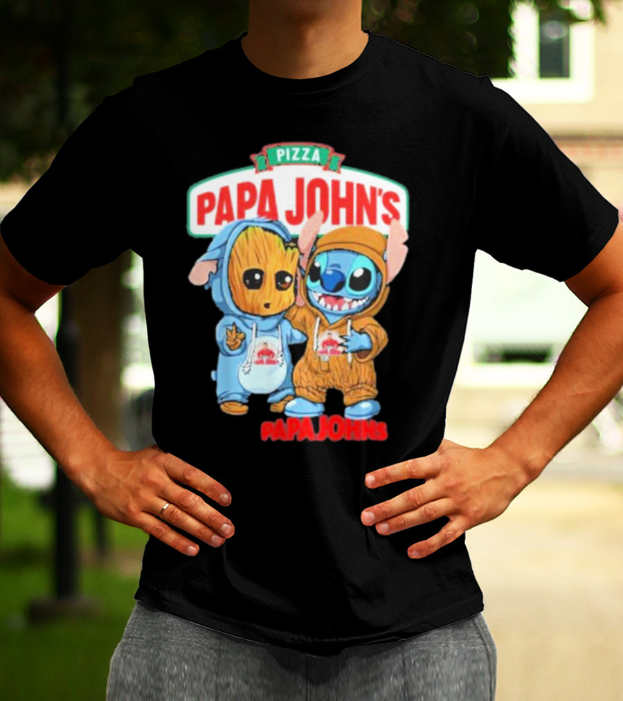Papa John's Pizza With Groot And Stitch Characters T-Shirt