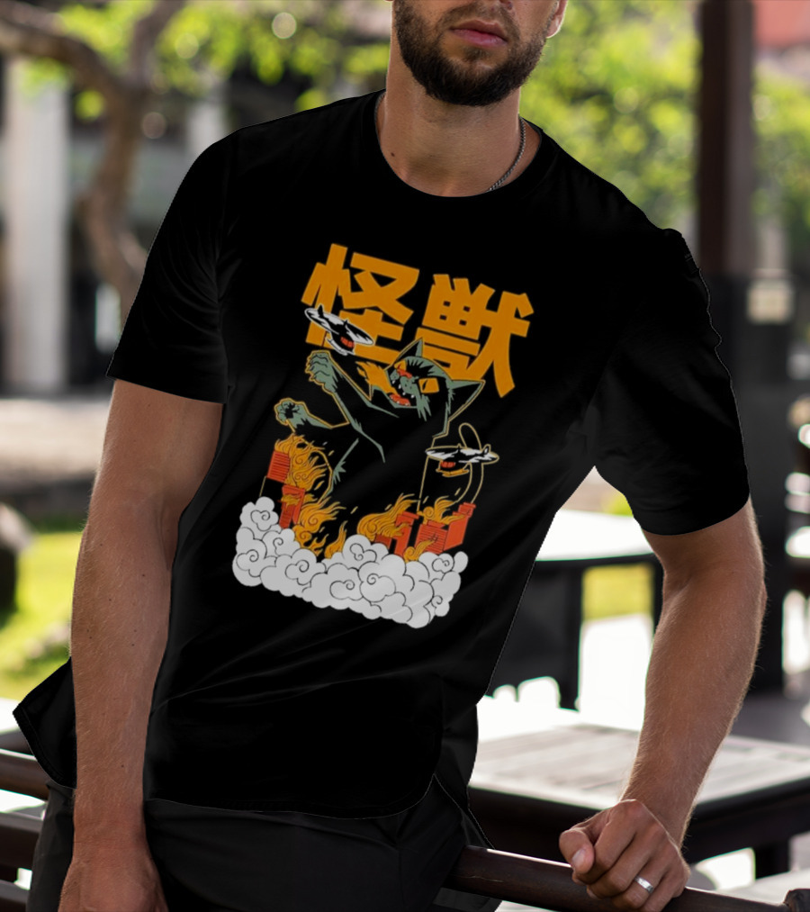 Kaiju No 8 Monster Cat Attack With Helicopters And Flames T-Shirt