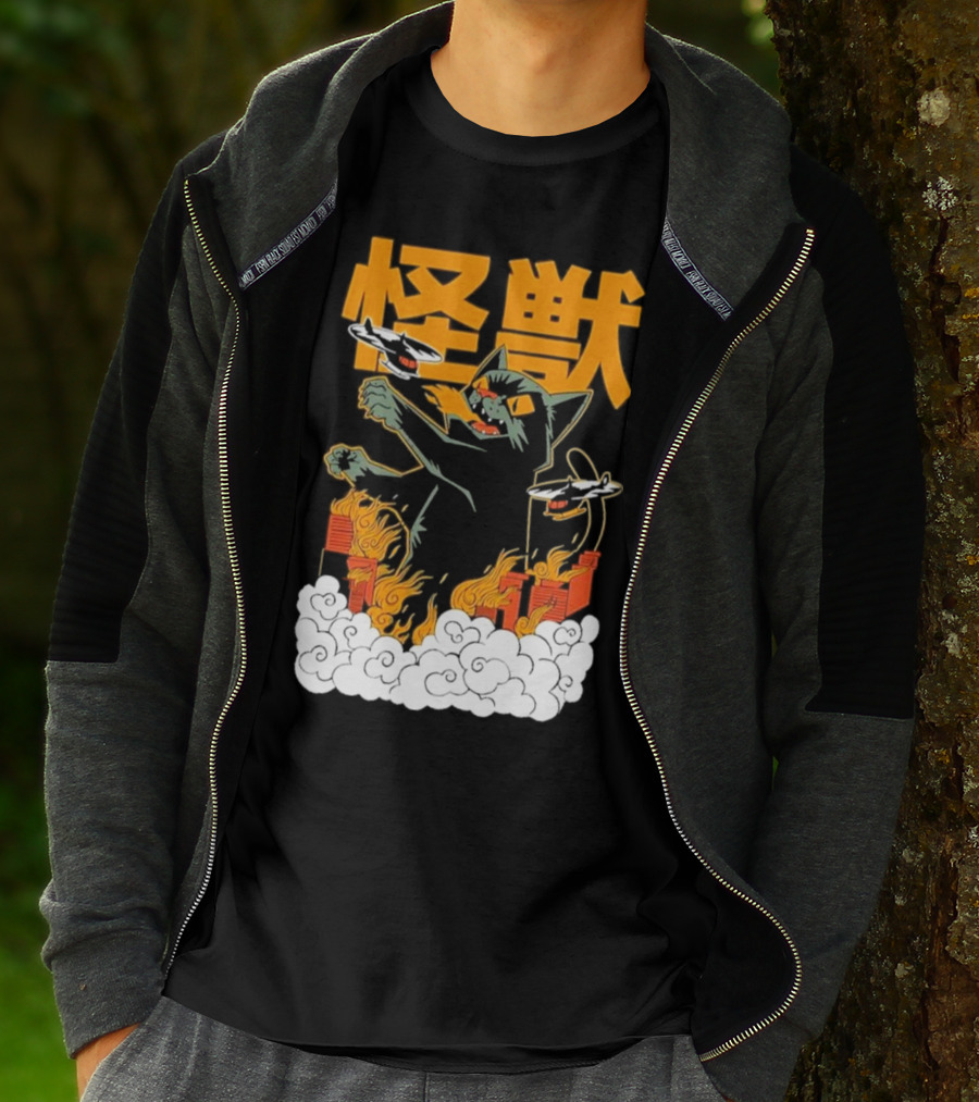 Kaiju No 8 Monster Cat Attack With Helicopters And Flames T-Shirt