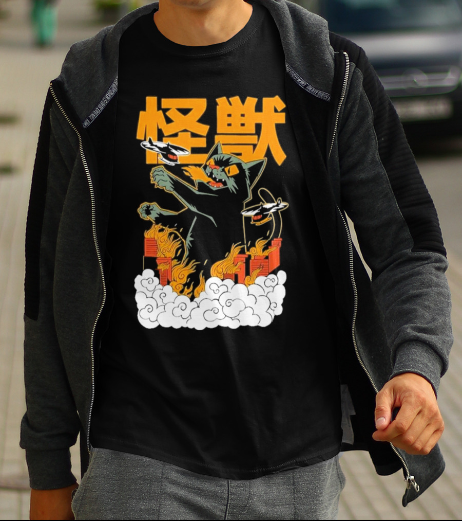 Kaiju No 8 Monster Cat Attack With Helicopters And Flames T-Shirt