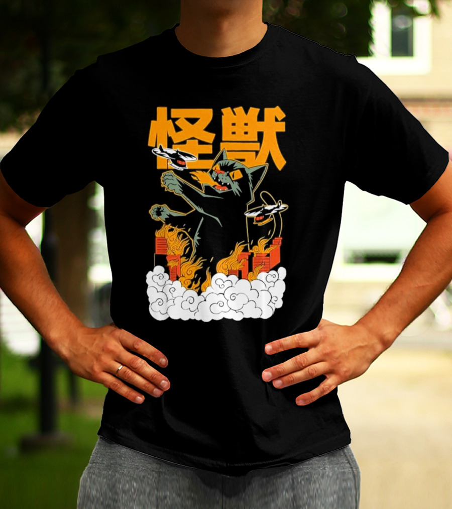 Kaiju No 8 Monster Cat Attack With Helicopters And Flames T-Shirt