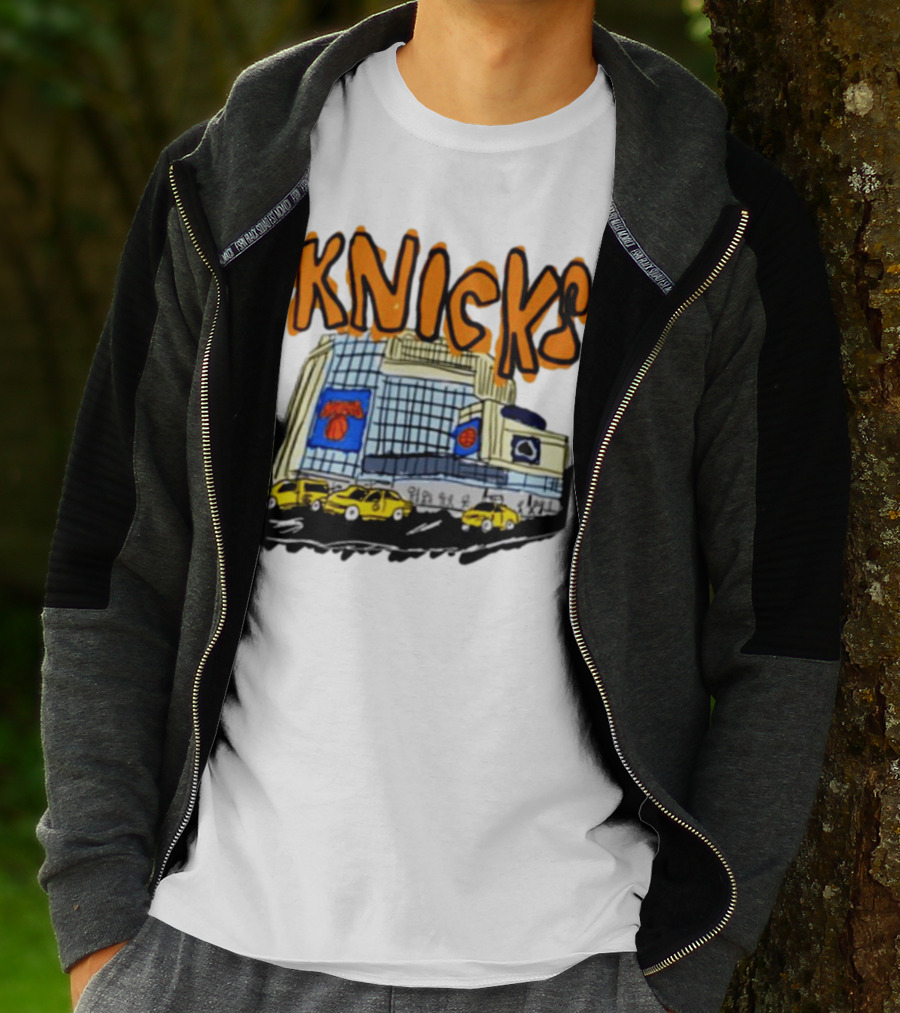 Knicks New York City Taxi Sketch With Arena Background T-Shirt