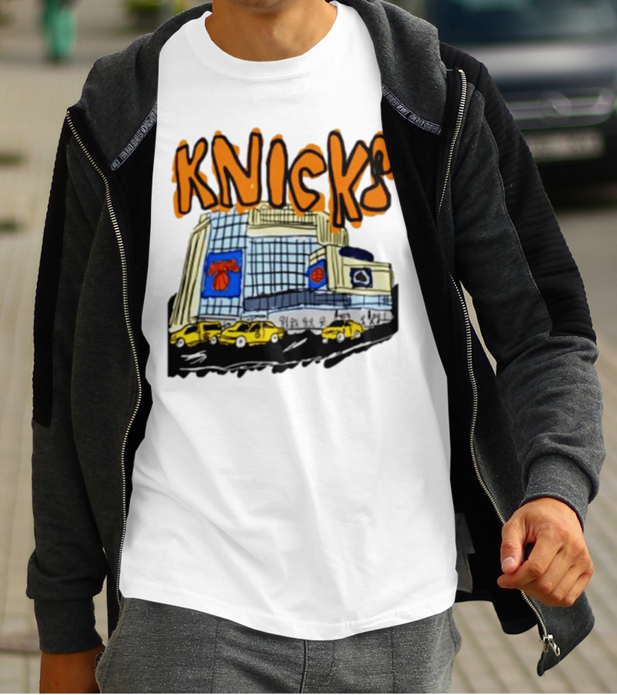 Knicks New York City Taxi Sketch With Arena Background T-Shirt