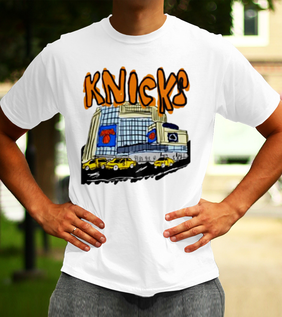 Knicks New York City Taxi Sketch With Arena Background T-Shirt