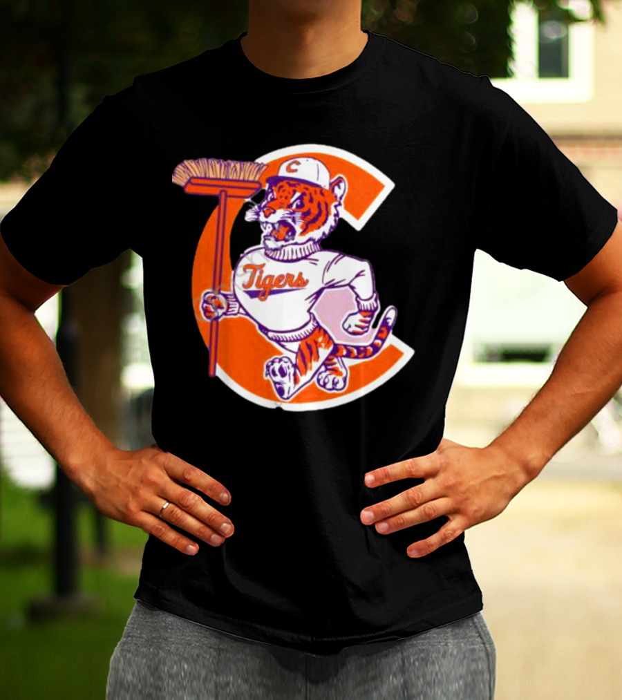 Clemson Tigers Vintage Logo With Broom And Letter C T-Shirt