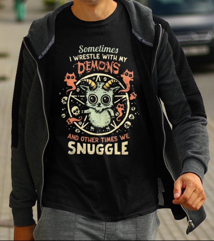 Sometimes I Wrestle With My Demons And Other Times We Snuggle Cute Goat With Pentagram And Cats T-Shirt