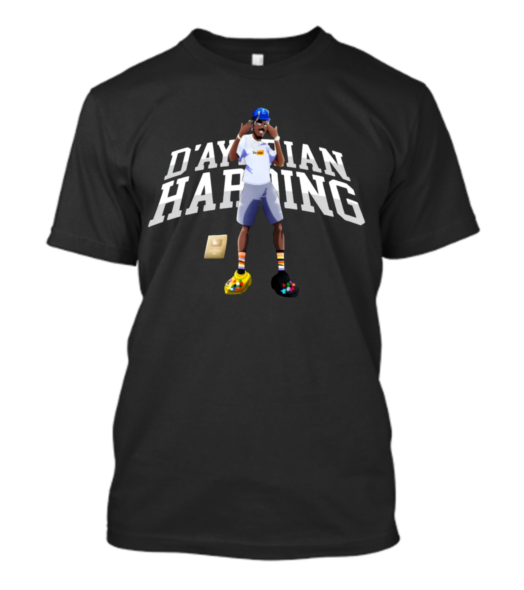 D'Aydrian Harding Merch Character In Blue Cap And Colorful Shoes With Gold Button T-Shirt