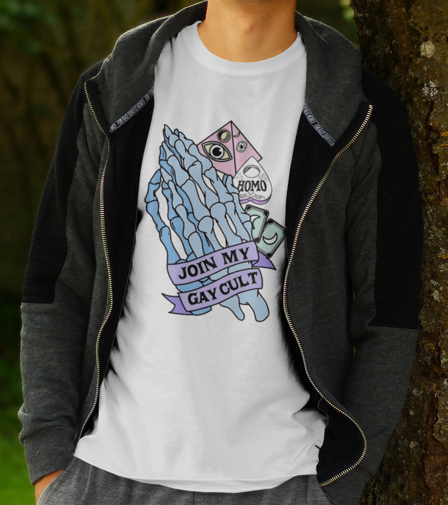 JOIN MY GAY CULT HOMO EYE PYRAMID SKELETON HANDS T-Shirt