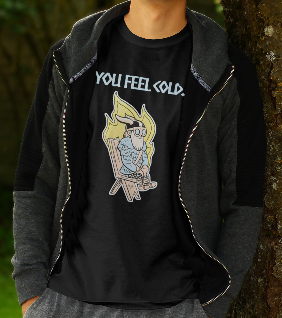 Valheim Merch Store You Feel Cold Viking Character Sitting With Flame Background T-Shirt