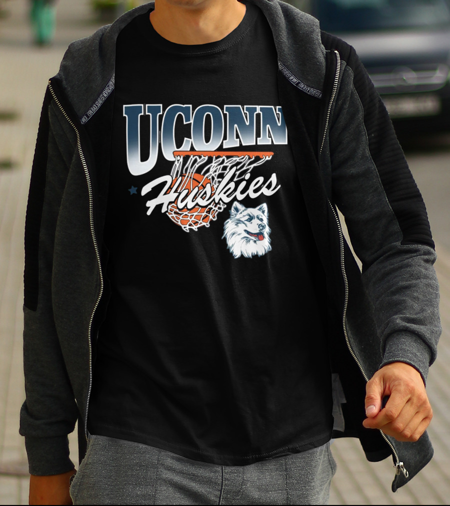 UConn Huskies Basketball Husky Mascot And Net T-Shirt