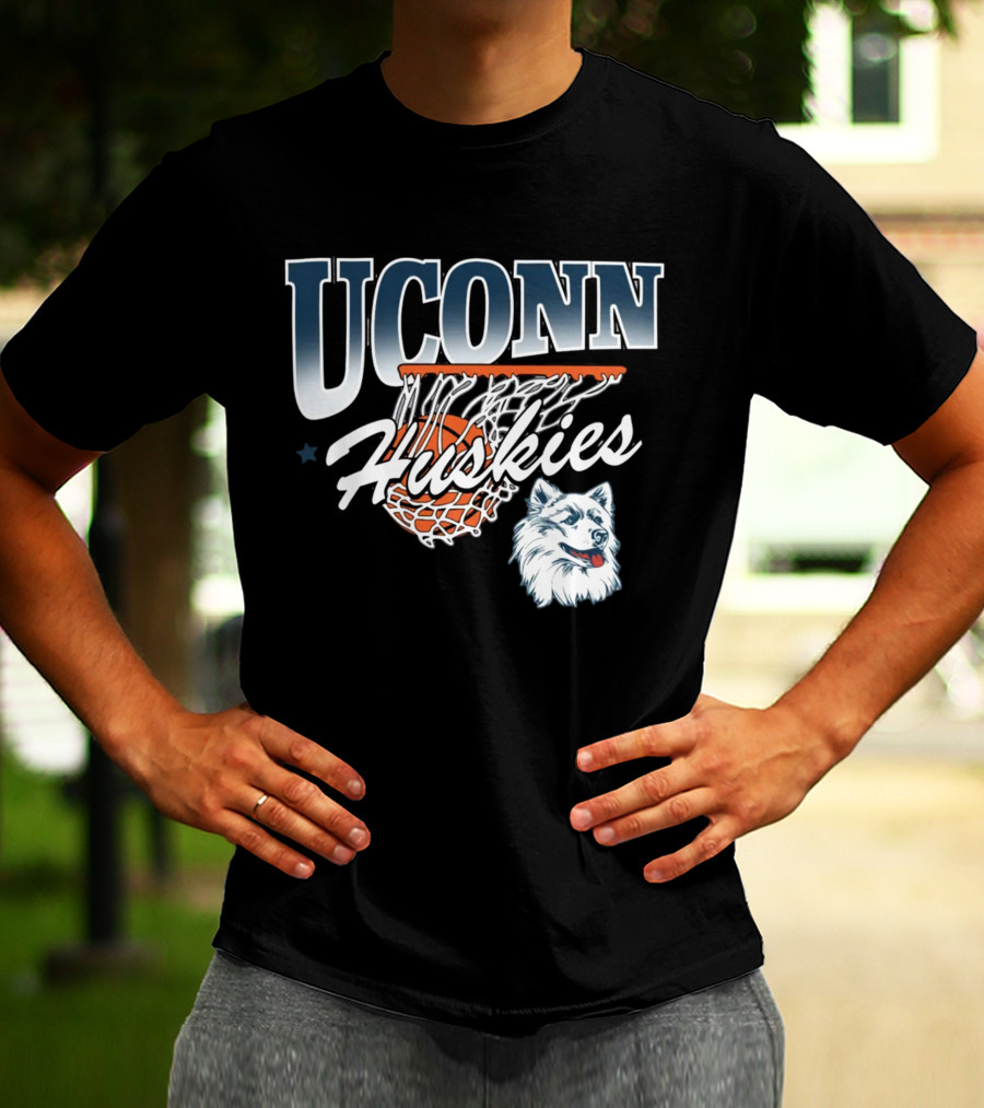 UConn Huskies Basketball Husky Mascot And Net T-Shirt