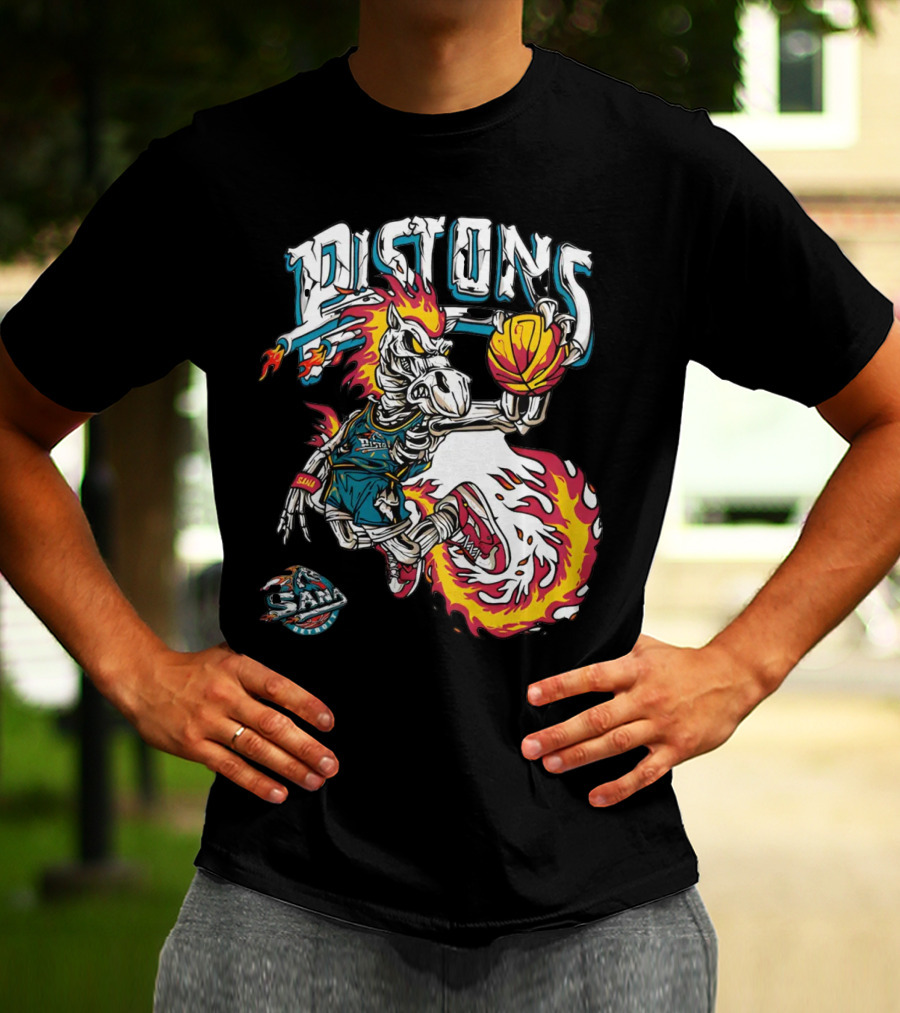 Sana Detroit Pistons Fiery Skeleton Basketball Dunk Pop-Up T-Shirt