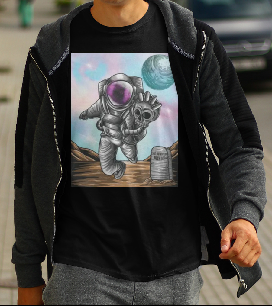 Slim Reaper Essential Youth Astronaut Skull Moon Tombstone He Jumped With Me T-Shirt