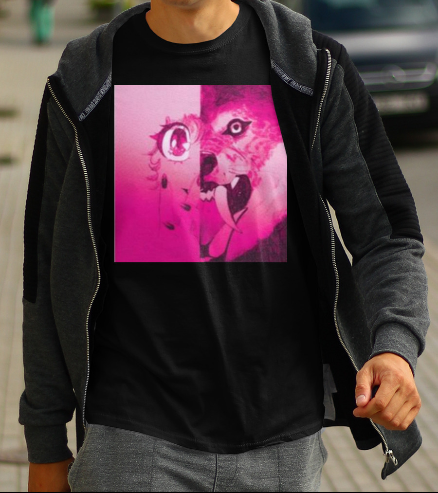 Dead On The Scene Wolf And Anime Girl Pink Contrast T-Shirt