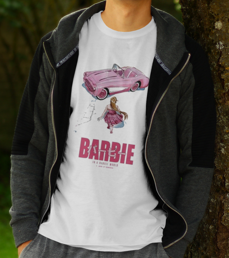 Barbie In A Barbie World Pink Car Fanart Joanacchi Japanese Text T-Shirt