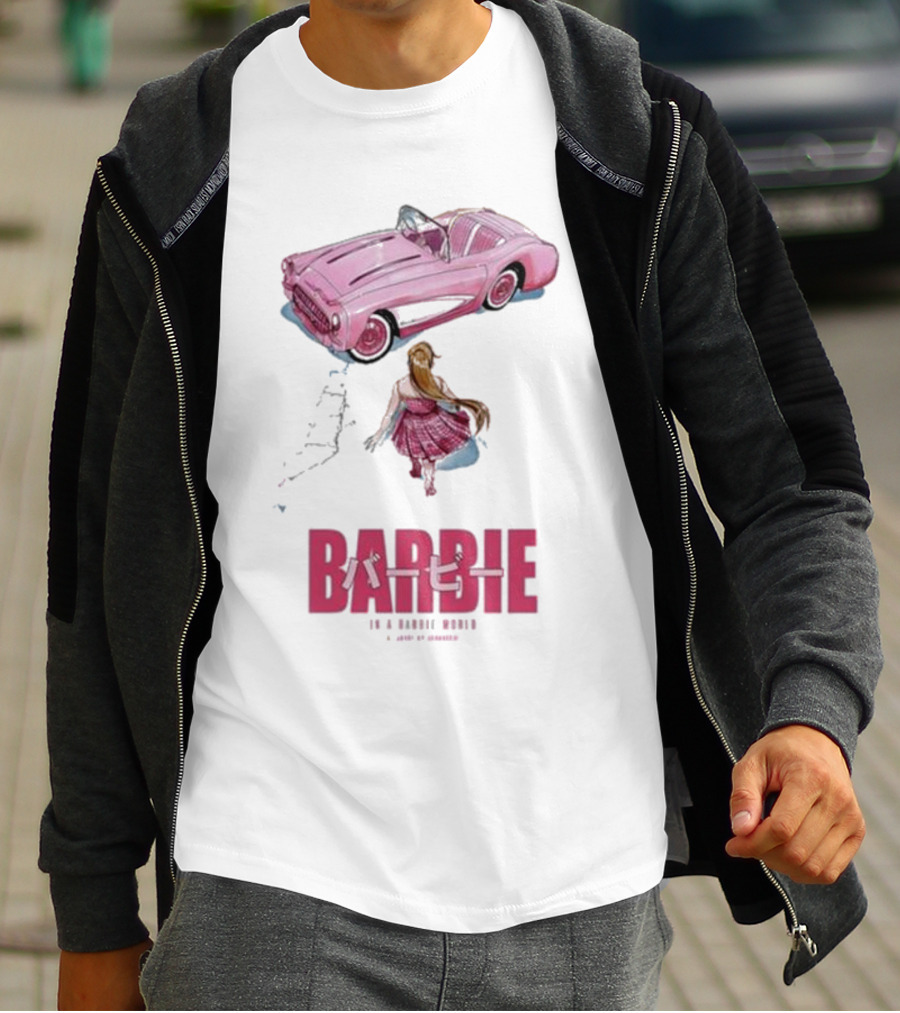 Barbie In A Barbie World Pink Car Fanart Joanacchi Japanese Text T-Shirt