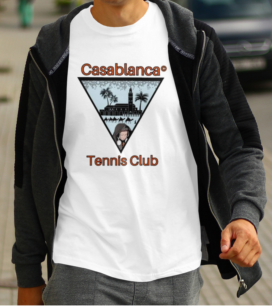 Casablanca Tennis Club Triangle Graphic With Moroccan Skyline And Palms T-Shirt