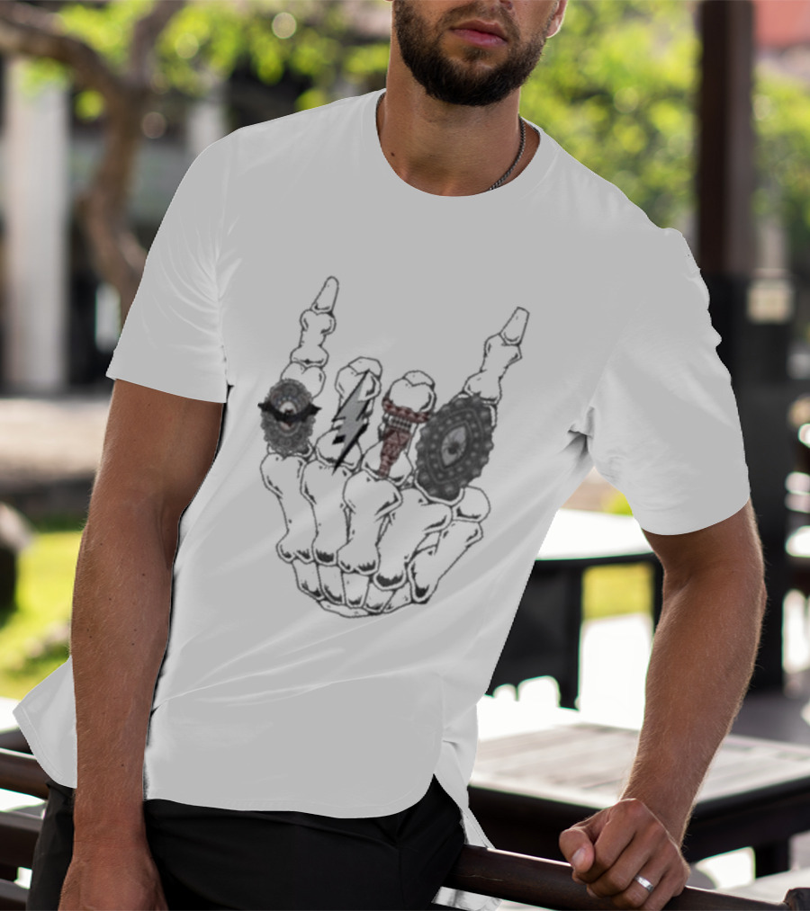 Halloween Skeleton Hand With Turquoise Rings And Colorful Gems T-Shirt