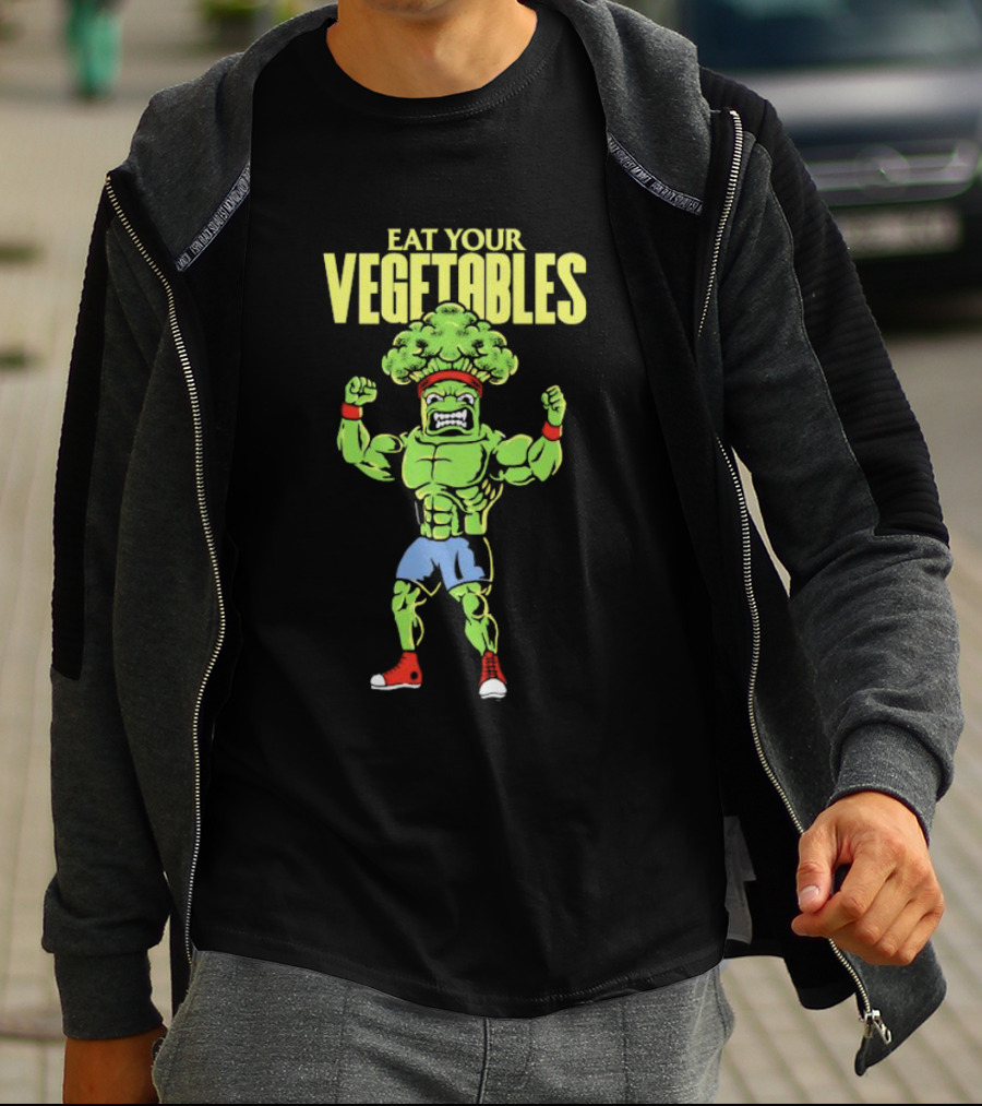 EAT YOUR VEGETABLES Broccoli Bodybuilder In Red Sneakers T-Shirt