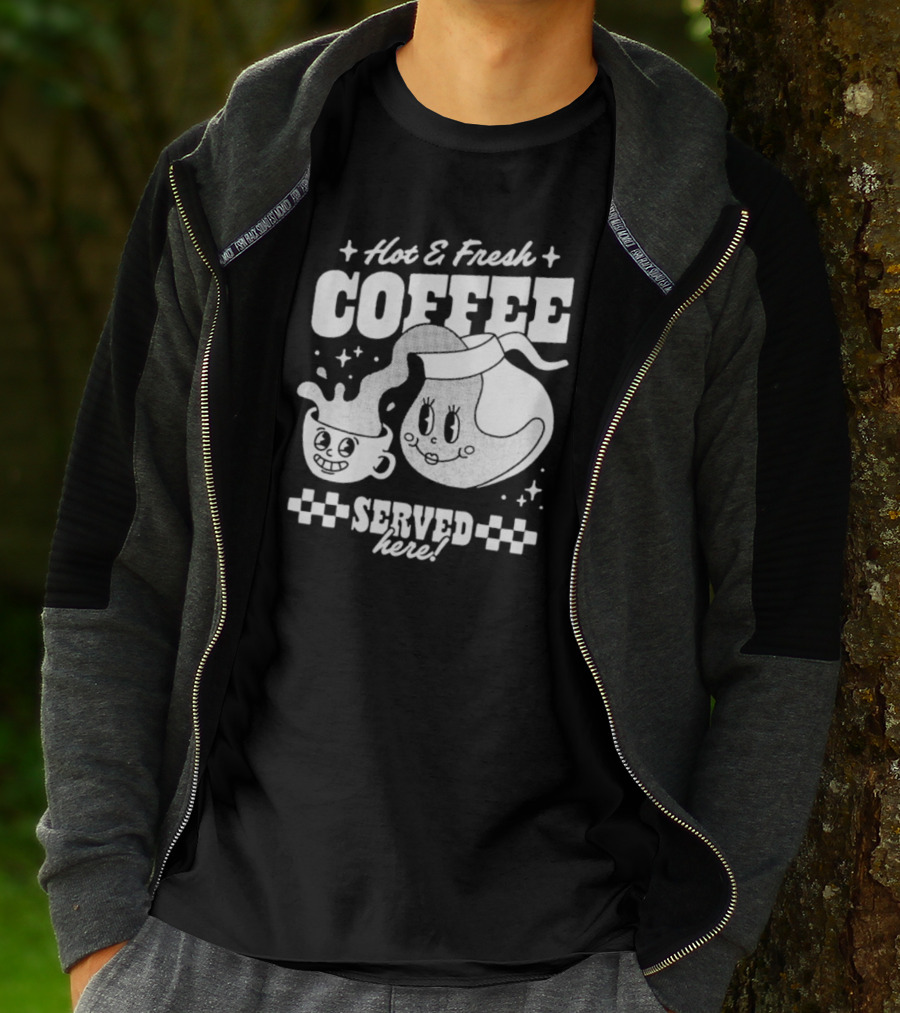 Hot And Fresh Coffee Served Here Retro Cartoon T-Shirt