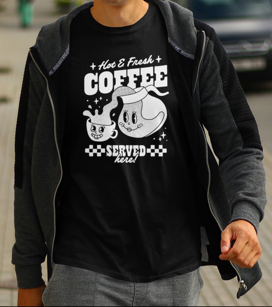 Hot And Fresh Coffee Served Here Retro Cartoon T-Shirt