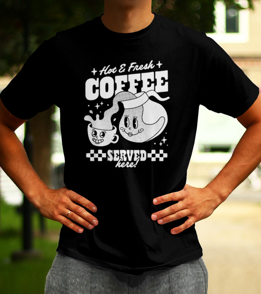 Hot And Fresh Coffee Served Here Retro Cartoon T-Shirt